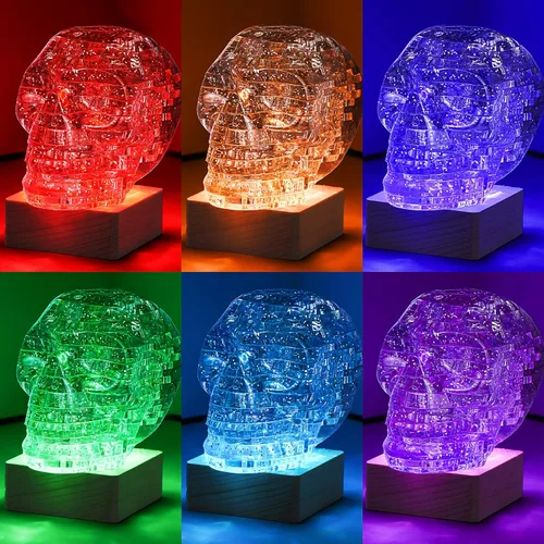 Vista 3 de Rompecabezas de cristal de calavera 3D, rompecabezas de cráneo con base de madera iluminada para decoraciones de Halloween al aire libre, bloques
