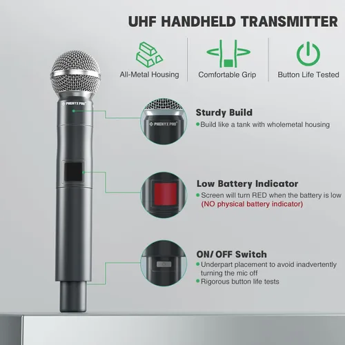 Vista 2 de Phenyx Pro Micrófono inalámbrico profesional, micrófono dinámico UHF de 914.9 MHz, micrófono inalámbrico de metal, transmisor de micrófono de mano