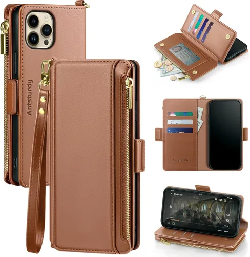 Vista 10 de Antsturdy Funda tipo cartera compatible con iPhone 12 Pro Max, funda de piel sintética con bloqueo RFID, funda protectora para mujeres y hombres
