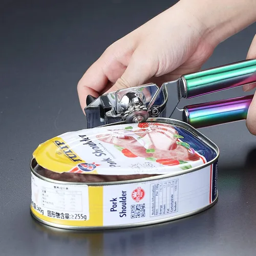 Vista 7 de Berglander Abrelatas, mango de arco iris de acero inoxidable, mango chapado colorido de titanio, mango de mano, abrelatas manual de borde liso