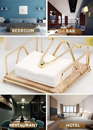 Vista 6 de Servilletero dorado para mesa con brazo pesado, servilletero plano de metal cuadrado para cocina, cena, encimera, mesa al aire libre