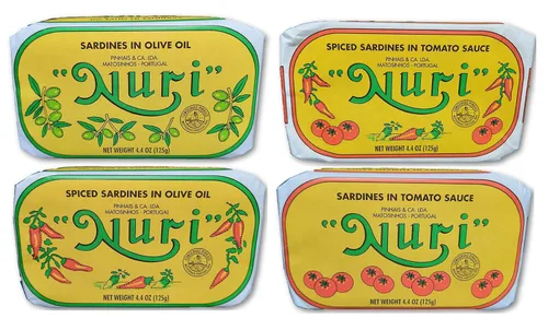 NURI Paquete variado de sardinas portuguesas | Paquete de 4 | Uno de cada | Aceite de oliva puro, aceite de oliva puro especiado, aceite de tomate y