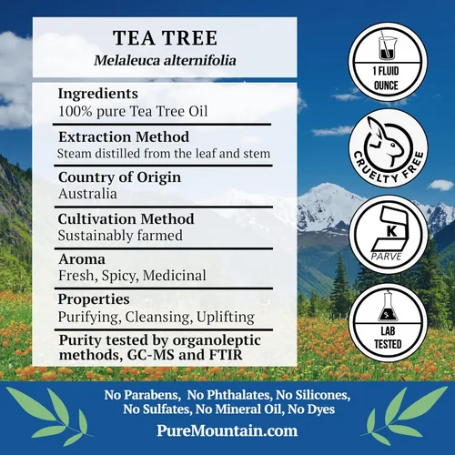 Vista 2 de Aceite esencial de árbol de té (Melaleuca Alternifolia), 100% puro, natural y kosher, botella de 1 onza líquida
