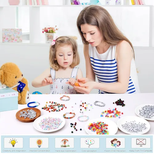 Vista 6 de QUEFE 2000 cuentas de letras en forma de cubo para pulseras, cuentas de números del alfabeto de 9 colores con 1 rollo de cuerda elástica
