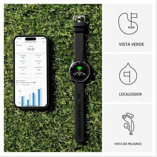 Vista 3 de Garmin Approach® S44, reloj inteligente GPS esencial para golf, pantalla AMOLED, funciones en el campo, bisel de aluminio plateado con banda