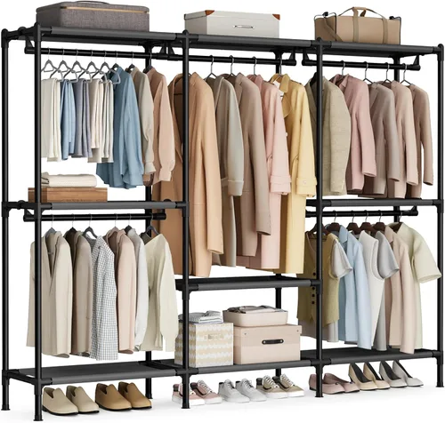 Vista 11 de SONGMICS Perchero de ropa resistente, armario portátil independiente de 65 pulgadas con rieles y estantes colgantes, carga total de 242 libras