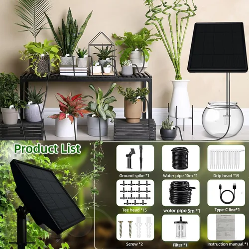 Vista 5 de 49FT Solar Drip Irrigation System - Auto Plant Watering Kit for 15 Pots with Anti-Siphoning Device - 750ml/min Flow Indoor Outdoor Garden Balcony &