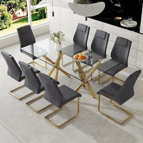 Vista 18 de Ebullient Moderno juego de mesa de comedor para 6, mesa de comedor de cristal de 71 pulgadas y patas de mesa de metal dorado, mesas de comedor