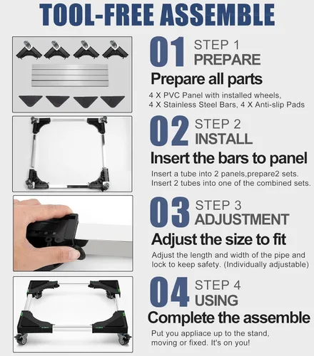 Vista 7 de Mini soporte de nevera ajustable para muebles Dolly Heavy Duty Lavadora, Rodillo móvil con 4 ruedas giratorias de bloqueo, base móvil universal