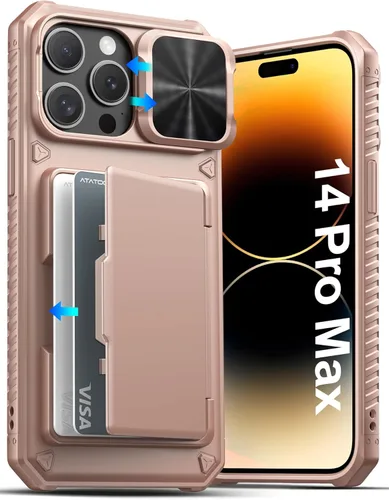 Vista 83 de ATATOO Funda para iPhone 16, tarjetero integrado (almacena 3-5 tarjetas) y protector de cámara deslizante, protección de grado militar, bonita funda