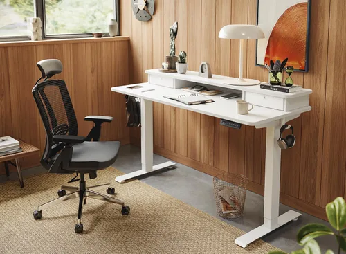 Vista 26 de FEZIBO Escritorio eléctrico de pie ajustable de altura de 40 x 24 pulgadas con doble cajón, escritorio para computadora, mesa de pie para oficina