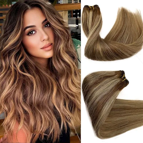 Vista 20 de Smartinnov Extensiones de cabello humano real con trama cosida, atadas a mano, color rubio ceniza a rubio con reflejos, extensiones cosidas