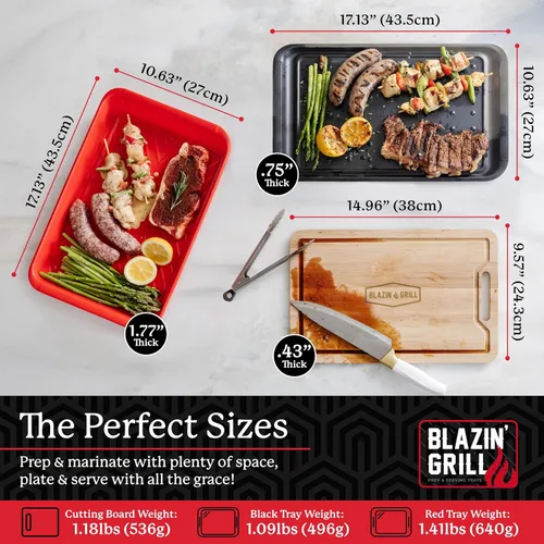 Vista 2 de BLAZIN' GRILL Bandejas de preparación y servicio Juego de 3 bandejas apilables de melamina con tabla de cortar de bambú Bandejas para marinar