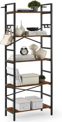 Luckyeestar Estantería de 5 niveles, estante de metal para libros, organizador de almacenamiento con 4 ganchos en S, estantería moderna para sala de