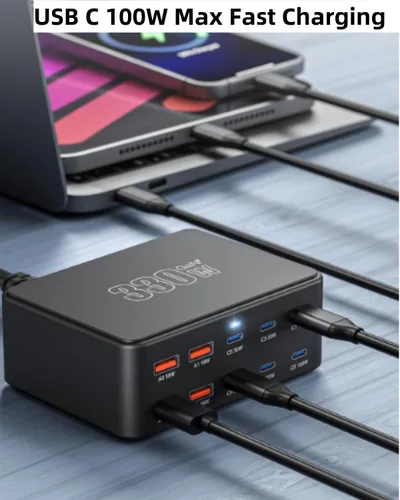 Vista 3 de Estación de carga USB C de 330 W, cargador USB C, 10 puertos de alimentación para múltiples dispositivos con PD 100 W, 65 W, 30 W, QC3.0, 18 W