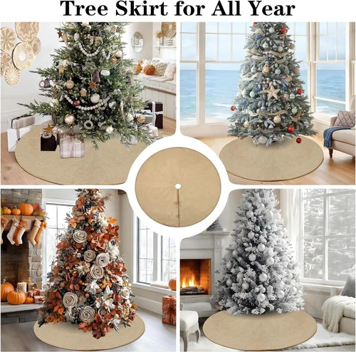 Vista 7 de yuboo Falda de Árbol de Arpillera de Granja de 48", Marrón, Falda de Árbol de Navidad de Lino de Yute Rústico Boho para Decoraciones y Ornamentos