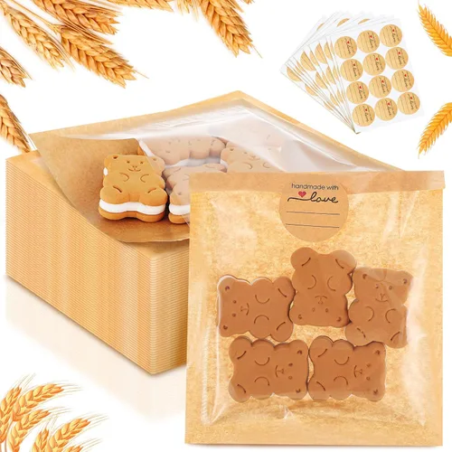 Vista 13 de Outus 100 bolsas de empaque para galletas con sello, bolsas de panadería de 3 x 3 pulgadas con ventana, papel resistente a la grasa termosellable