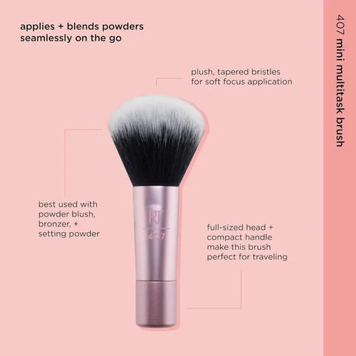 Vista 3 de Real Techniques Mini brocha de maquillaje multitarea, para rubor, bronceador y polvo, cepillo facial con cerdas sintéticas cortadas a medida