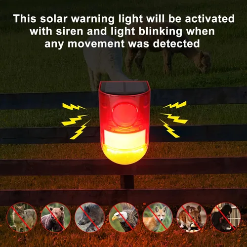 Vista 5 de Aolyty Detector de sensor de movimiento solar, alarma de sonido de sirena, advertencia LED, luz estroboscópica intermitente, luz roja, dispositivo