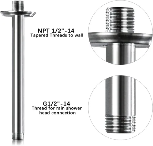 Vista 4 de Brazo de ducha de 8 pulgadas y brida de níquel cepillado, brazo de ducha montado en el techo para cabezal de ducha de lluvia