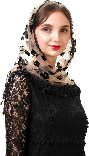 Vista 4 de Velo de Encaje Triangular Mantilla Catedral de PAMOR para Cubierta de Cabeza, Velo de Capilla para Misa, Novias, Damas de Honor beige y negro