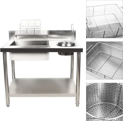 Vista 3 de Mesa de trabajo de acero inoxidable, mesa de empanado de pollo frito, mesa de cocina de alimentos comerciales con contenedores de acero inoxidable