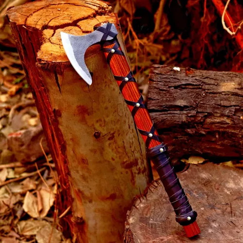 Vista 3 de Hacha vikinga de Ragnar Lothbrok, hacha vikinga nórdica de hoja afilada, hoja de acero de alto carbono con mango de madera de rosa, hacha