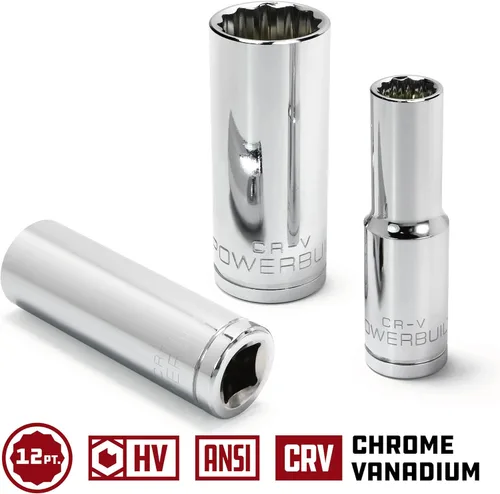 Vista 3 de Powerbuilt 3/8 de pulgada x 1/2 pulgada SAE Deep Socket, 12 puntos, cromo-vanadio, marca de tamaño - 940046