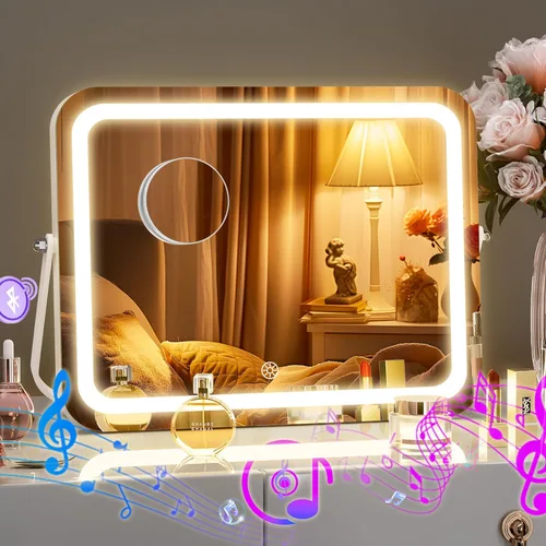 Hasipu Espejo de Maquillaje LED con Altavoz Bluetooth, Espejo de Tocador de 14" x 10" con Luces, 3 Modos de Luz, Control Táctil Inteligente