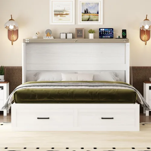 Vista 5 de SOFTSEA Cama de armario Murphy de tamaño Queen con estación de carga, plataforma plegable con cajón de almacenamiento grande para habitación