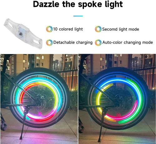 Vista 2 de Luces LED recargables para rueda de bicicleta, paquete de 2, impermeables, fáciles de instalar, luces LED de radios de rueda de bicicletas, sensor