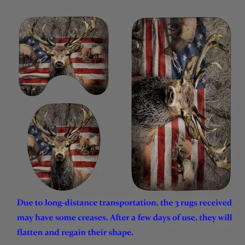 Vista 210 de Camille&Andrew - Juego de 4 cortinas de ducha de tela de ciervo rústico negro, alce, alce, pino, luna, casa de campo, panel rústico, tablero