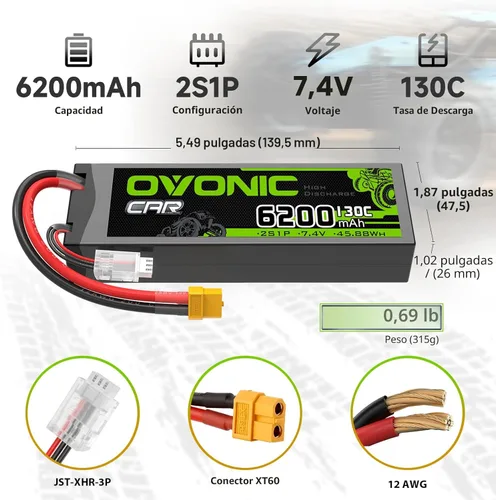 Vista 2 de OVONIC 2S LiPo Batería 6200mAh 7.4V 130C RC Batería con XT60 a TRA conector [2 baterías en 1 paquete]