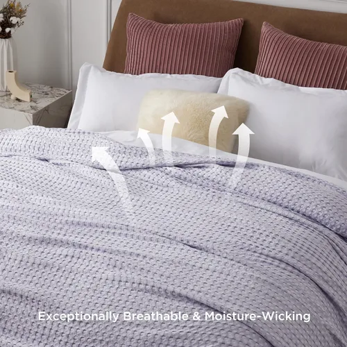 Vista 5 de Bedsure Manta de algodón con diseño de punto gofre, tamaño individual XL, ligera y transpirable de rayón derivado del bambú, para durmientes