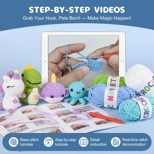 Vista 3 de MINGOMINGO Kit de ganchillo para principiantes, paquete de 6 animales amigurumi, kits de inicio de ganchillo para tejer manualidades con tutoriales