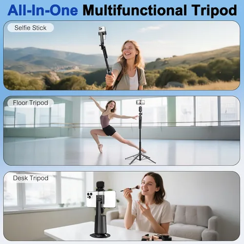 Vista 6 de Trípode para selfie con seguimiento automático de rostros para iPhone con luz, rotación de 360° que sigue tu movimiento, soporte de trípode