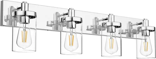 Vista 14 de Aipsun Accesorios de iluminación de tocador de baño, luz cromada, 2 luces, luz de baño de acero inoxidable con pantalla de vidrio transparente