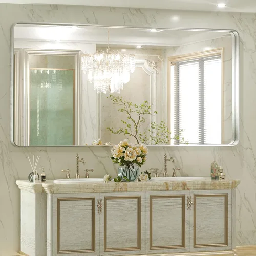 Vista 34 de TETOTE Espejo de marco dorado cepillado de 16 x 24 pulgadas, espejo de tocador de baño de latón dorado para pared, espejo enmarcado rectangular