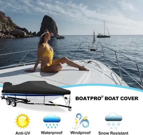 Vista 6 de Funda para lancha remolcable de 14 a 16 pies con cubierta de motor fuera de borda, 900D, resistente a la decoloración, lona marina impermeable