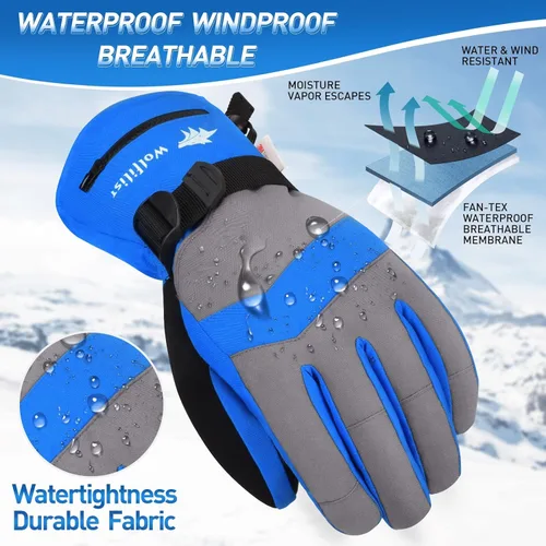 Vista 3 de WOLFILIST Ski Gloves Waterproof Windproof - 3M Thinsulate Insulated Warm Snow Gloves, Snowboard Gloves with Zipper Pocket, Touchscreen Winter Gloves