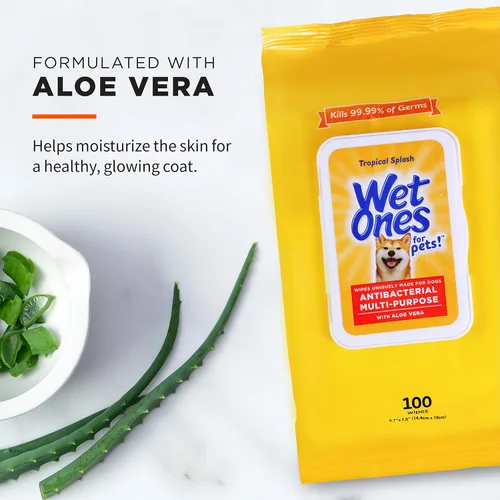 Vista 3 de Wet Ones Toallitas multiusos para mascotas para perros, con aloe vera, antibacterianas, mata gérmenes, aroma tropical salpicadura, paquete de 3, 100