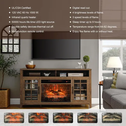 Vista 2 de Soporte multimedia de TV de 55 pulgadas con chimenea eléctrica KD insertos calentador, color madera de granero recuperada para sala de estar