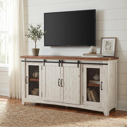 Vista 3 de Martin Svensson Home, mueble para TV Santa Fe de madera maciza, 65", negro antiguo y pino envejecido con aspecto desgastado Pino envejecido negro