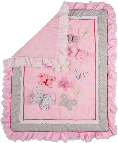 Vista 8 de Juego de ropa de cama de 2 piezas con bordado rosa con mariposas y sábana bajera para cuna de bebé niña