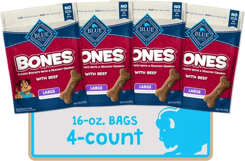Blue Buffalo Bones Natural Crunchy Dog Treats - Galletas grandes para perros, carne de res, bolsa de 16 onzas, 4 unidades