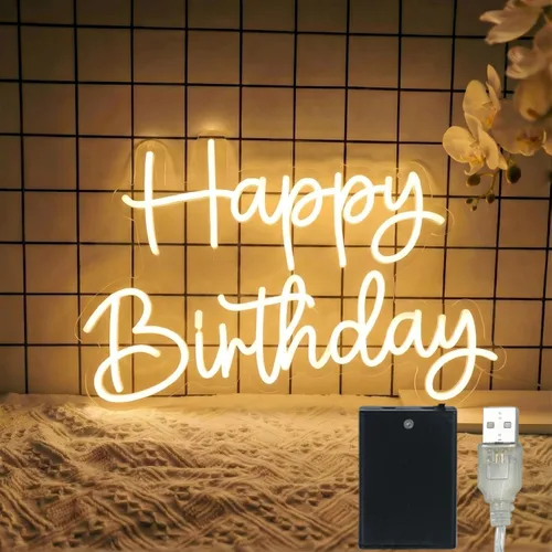 Letrero de neón LED dinámico de feliz cumpleaños de 16 pulgadas y Luz regulable USB de 5 niveles y alimentada por batería para decoración de fiestas