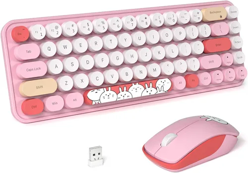 Vista 11 de FOPETT - Teclado y mouse inalámbricos, lindo mouse y teclado 2.4G con 68 teclas de colores, teclas redondas retro para PC, laptop, tableta