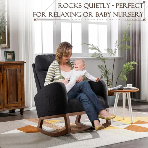 Vista 3 de Mecedora tapizada para guardería, mecedora Accent Glider con bolsillo lateral, cómoda silla con respaldo alto y reposacabezas, planeador