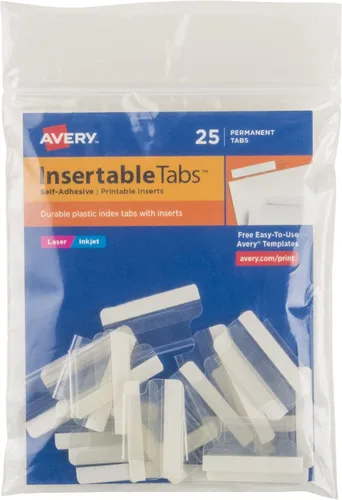Avery Pestañas autoadhesivas insertables con insertos imprimibles, 1 pulgada, adhesivo permanente, transparente, paquete de 25 pestañas de índice