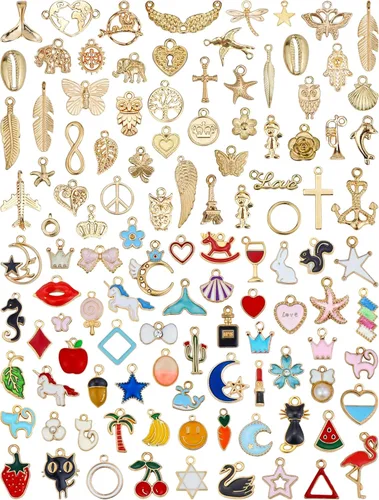 JIALEEY 110Pcs Assorted Gold Plated Enamel Pendants Charms for Jewelry Making Necklace Bracelet Craft Supplies